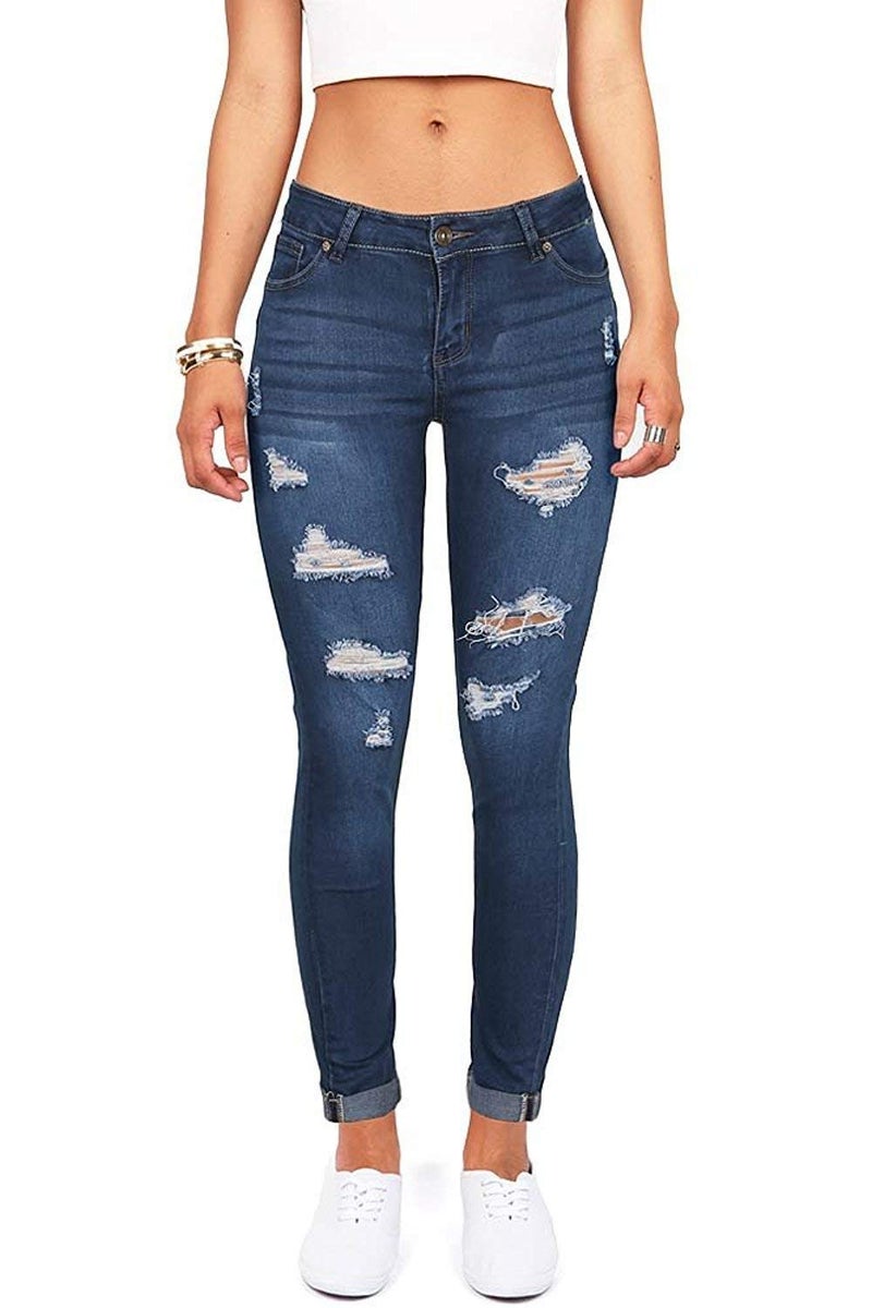 Skirt BL Women's High Waisted Stretch Ripped Skinny Jeans Juniors Destroyed Butt Lifting Denim Pants (Blue, US 16) - Image 1